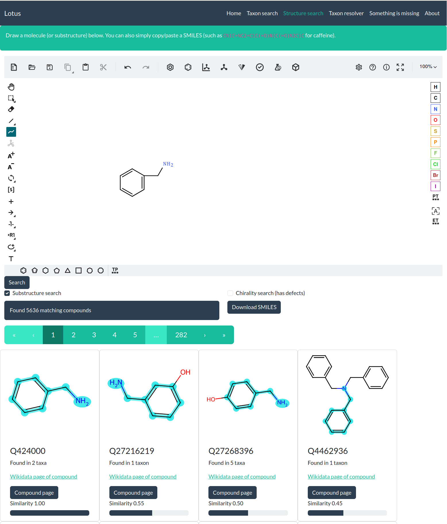 A view of the search interface for compounds